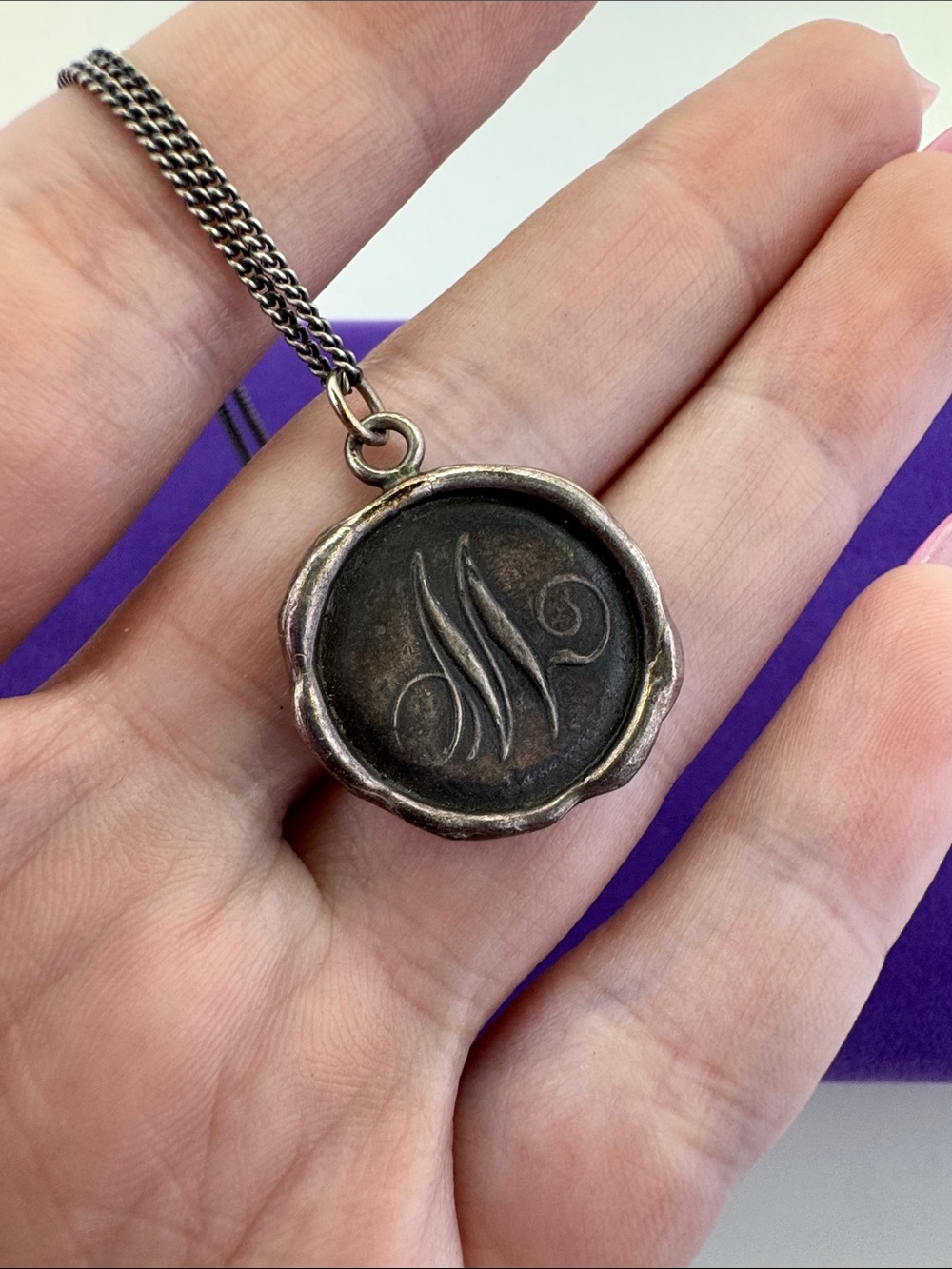 💛 Sterling Silver Pyrrha “M” Monogram Wax Seal Necklace | Classic Designer - Picture 6 of 6